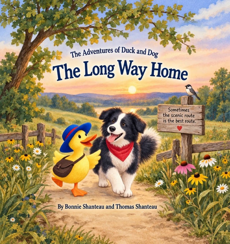 The Long Way Home cover, showing Duck and Dog together on a country path at sunset