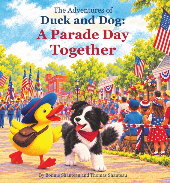 Duck and Dog enjoying a colorful town parade on the cover of A Parade Day Together